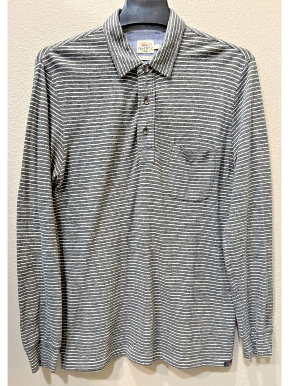 Faherty Men M Polo Shirt Charcoal White Stripe Long Sleeve Pocket Organic Cotton